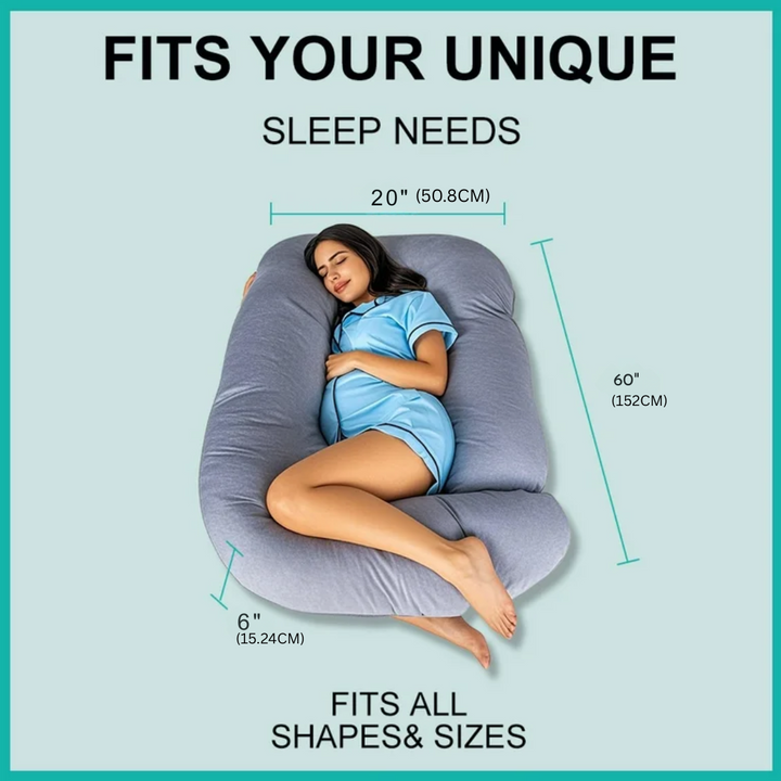Maternity full-body pillow for expectant mothers, delivering orthopedic back support and prenatal comfort.