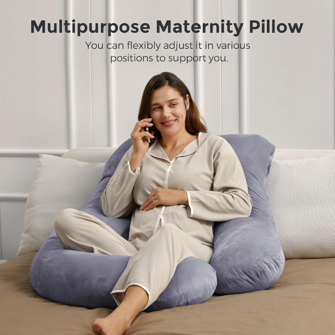 Prenatal full-body orthopedic pillow providing comprehensive maternity support for comfortable sleep.
