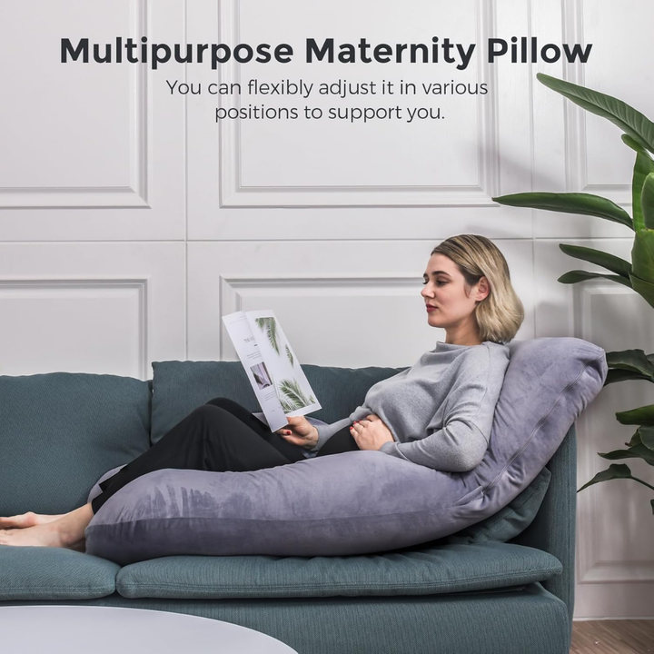 Expectant mothers' full-body pregnancy pillow with memory foam for orthopedic back & hip pain relief.