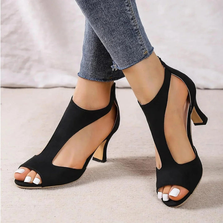 Elegant women's open toe T-strap block heels, perfect as comfortable orthopedic dress shoes.