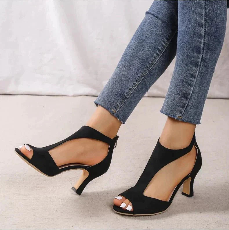 Footwear: Women's comfortable T-strap open toe heels, designed with orthopedic support for all-day comfort.