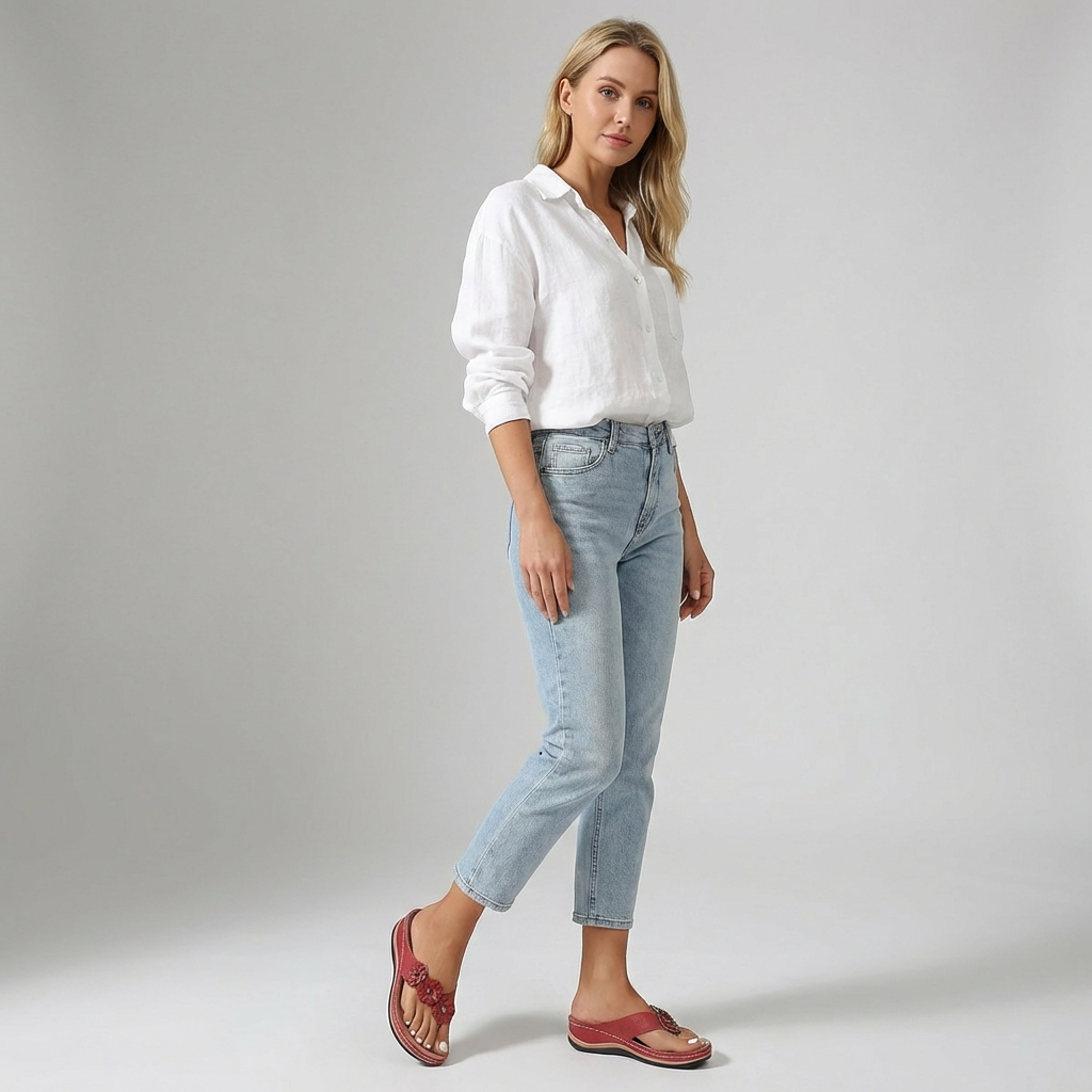 Chic women's orthopedic sandals with a beautiful flower accent, providing excellent arch support and comfort.