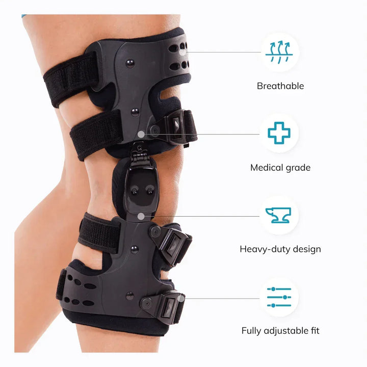 Men's adjustable knee brace promoting mobility & pain relief for osteoarthritis. Ideal for joint support.
