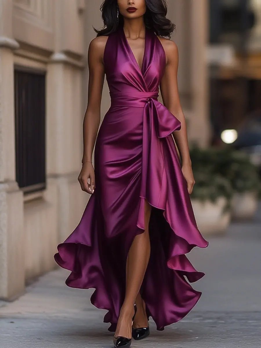 Ottavia | Women's Halter Neck Wrap Maxi Dress - Champagne - Image 12