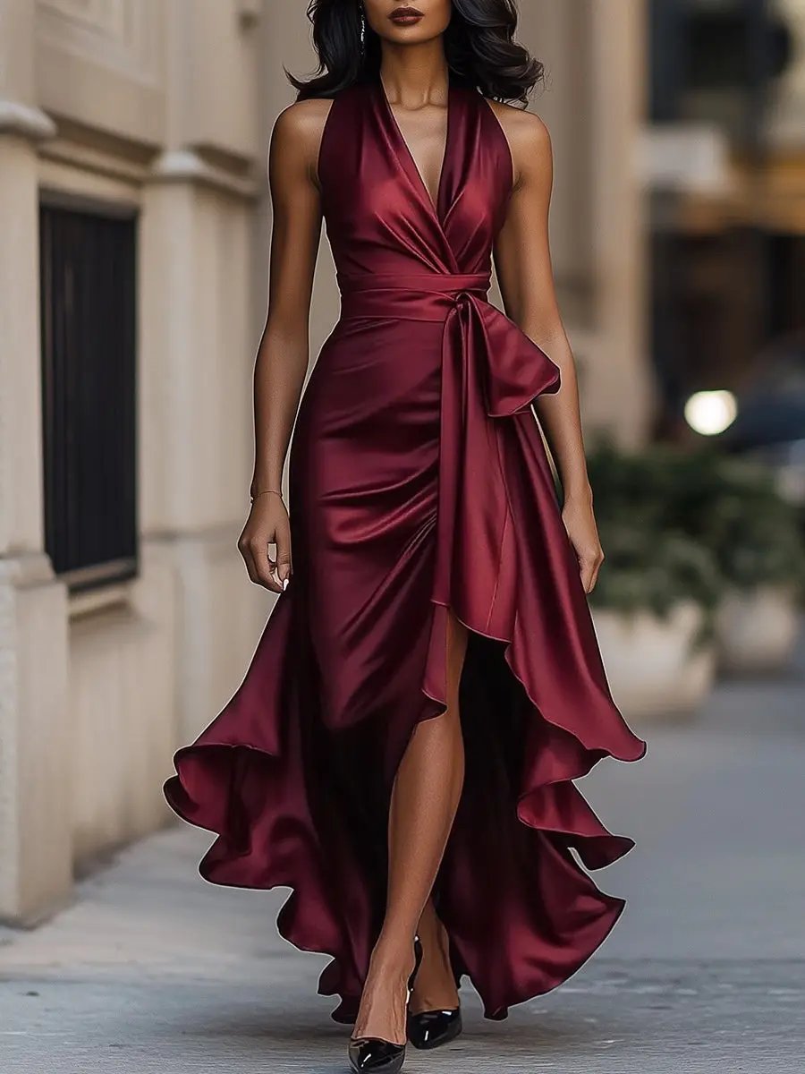 Ottavia | Women's Halter Neck Wrap Maxi Dress - Champagne - Image 7