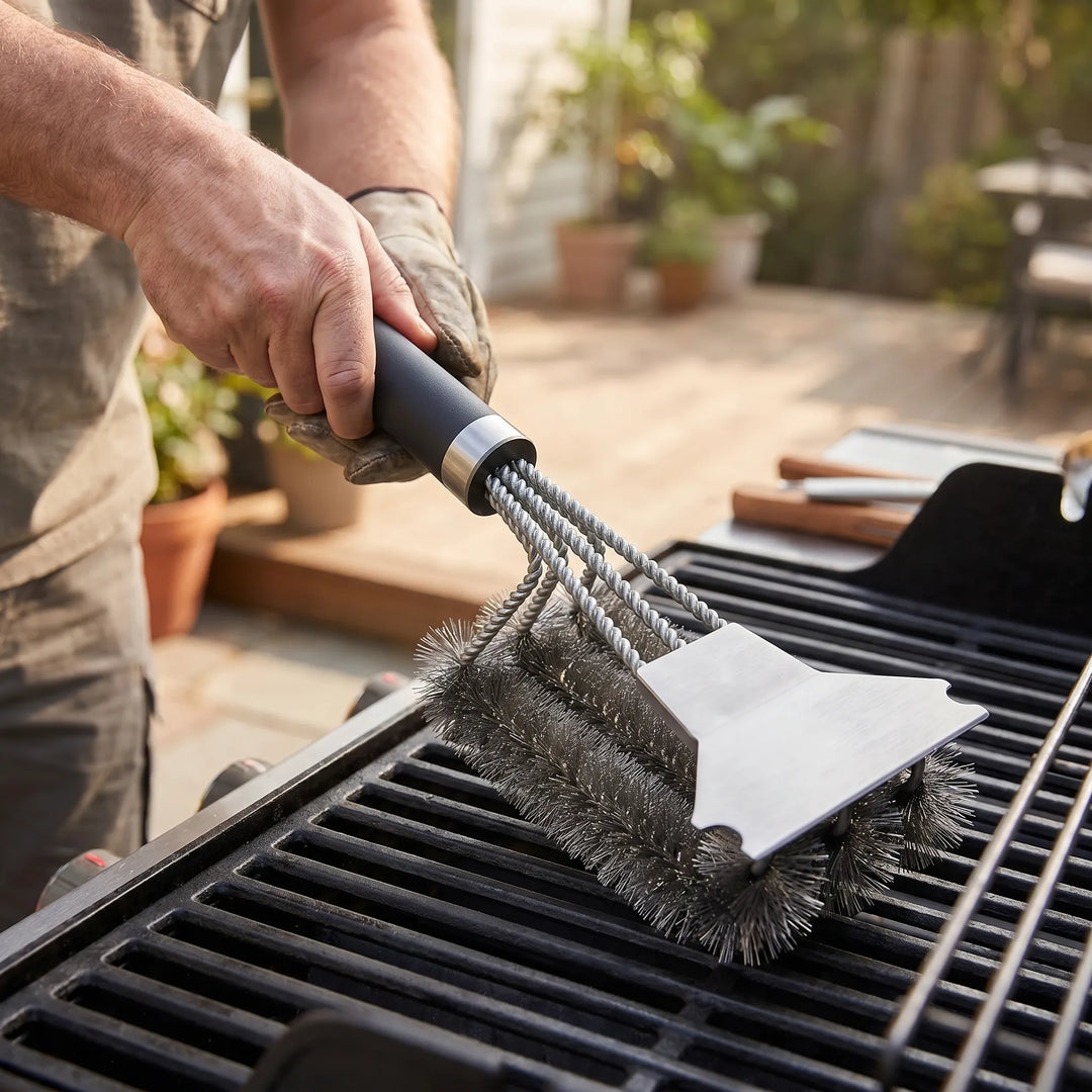 Heavy-duty stainless steel BBQ grill cleaning brush with scraper for effective outdoor cooking grate cleaning.