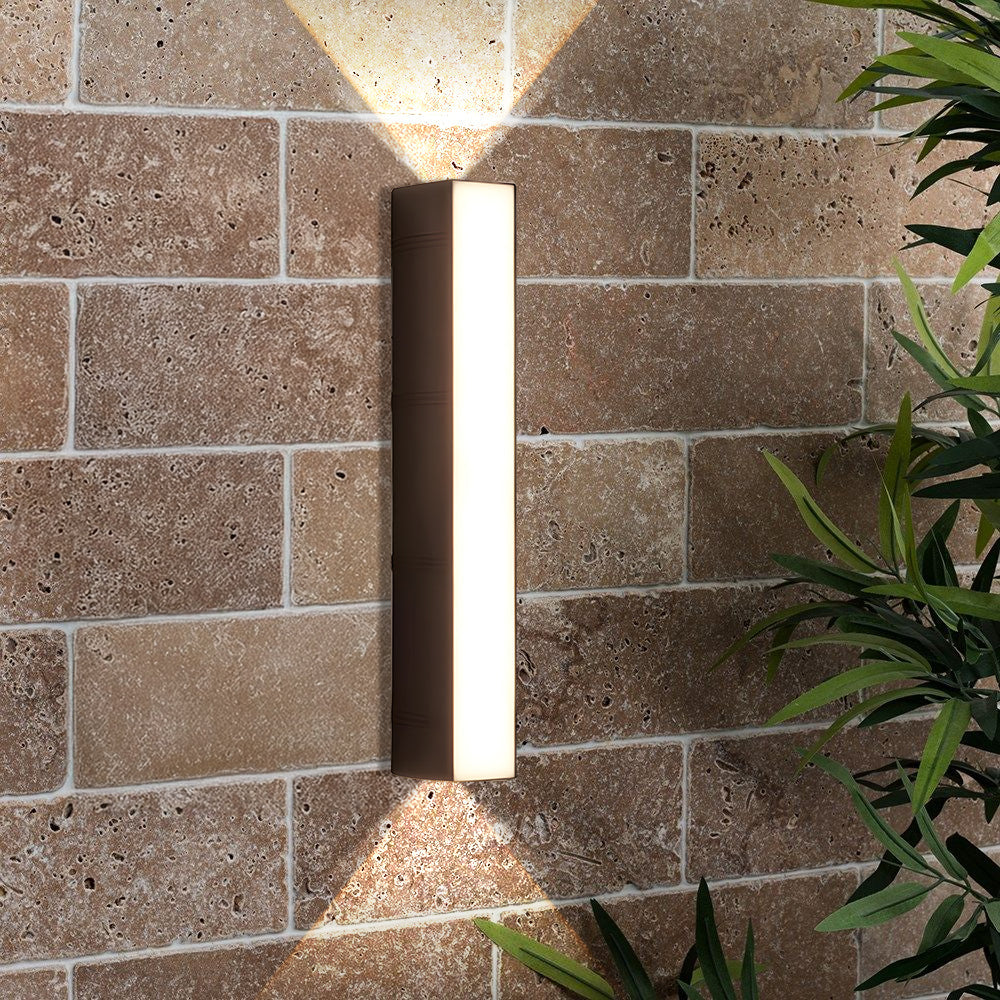 Architectural black LED outdoor wall light fixture, sleek modern design.