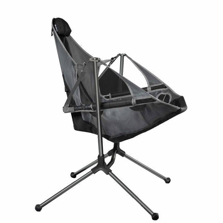 Portable folding rocking chair for camping, fishing, and outdoor relaxation.