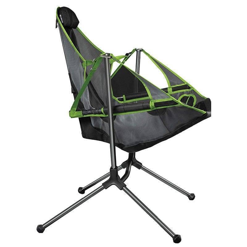 Lightweight folding rocking chair for easy transport & relaxation outdoors.