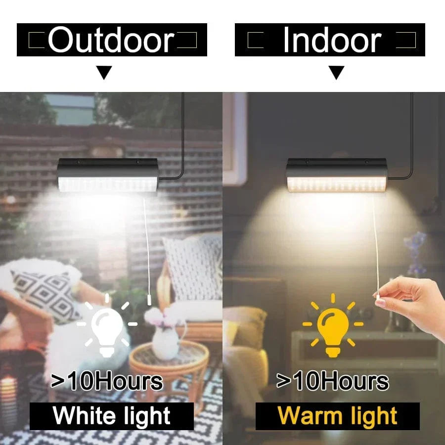 White solar pendant LED light, warm white illumination for a cozy patio atmosphere.