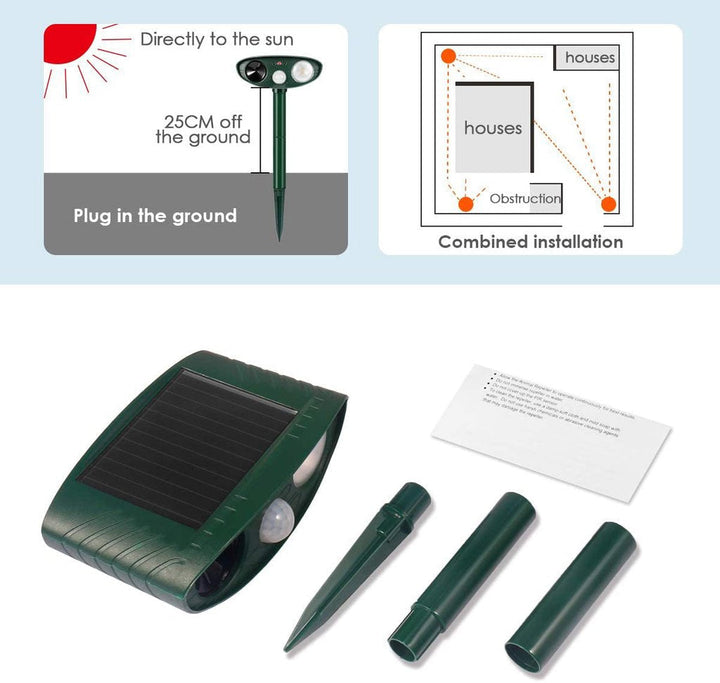 Eco-friendly solar ultrasonic cat repeller provides chemical-free garden protection & outdoor pest control.