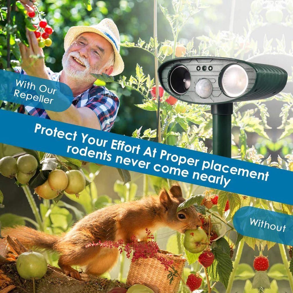 Versatile solar ultrasonic animal repeller providing effective yard protection & garden pest control.