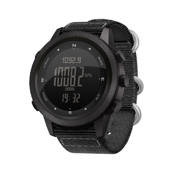 Rugged unisex outdoor watch showcasing its durable design, digital display, and multi-function buttons.