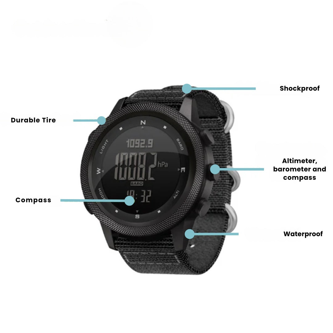 Unisex waterproof digital watch highlighting its integrated compass and altimeter, essential hiking gear.