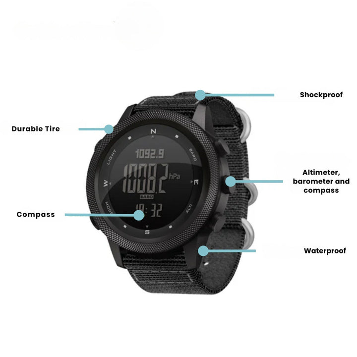 Unisex waterproof digital watch highlighting its integrated compass and altimeter, essential hiking gear.