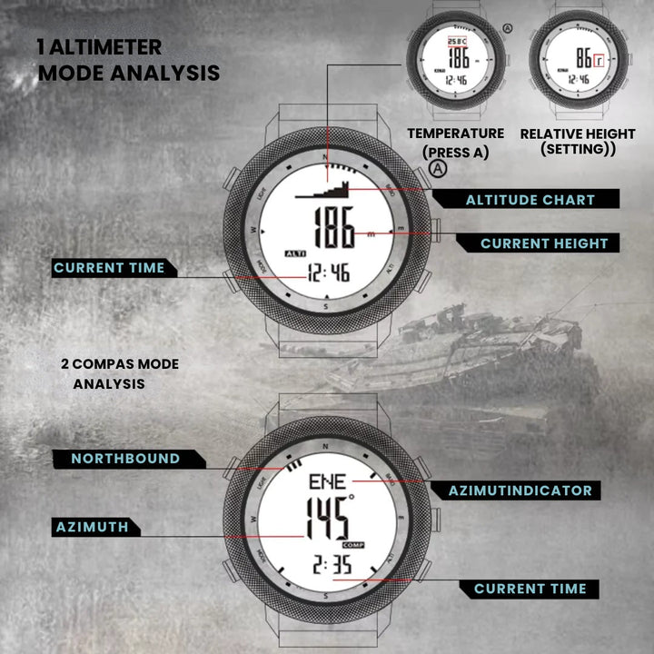 Versatile unisex outdoor sports watch with 164ft water resistance, barometer, altimeter & compass. Ideal hiking gear.