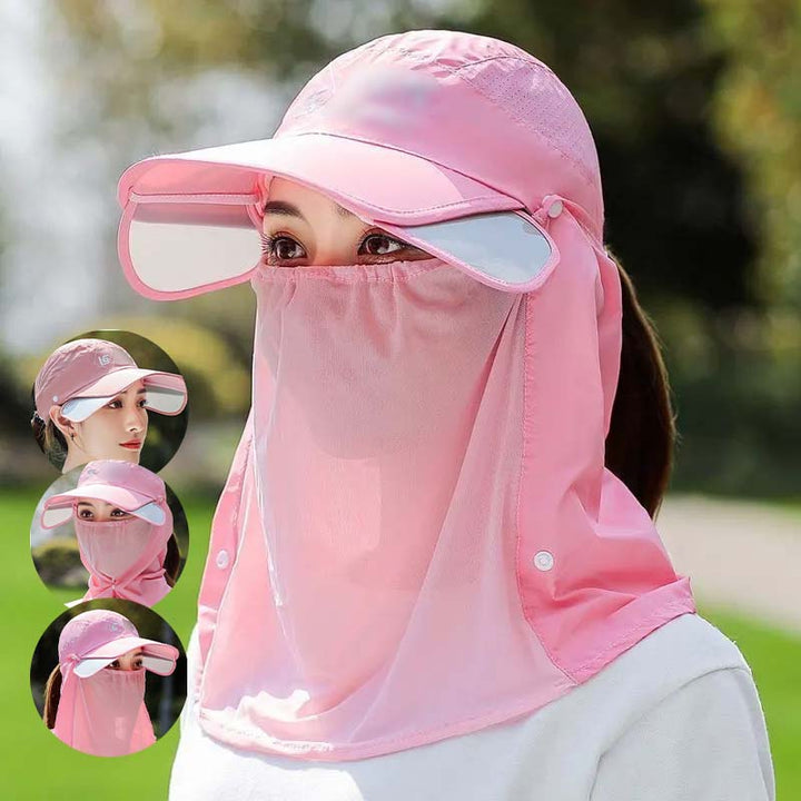 Multi-functional UPF 50+ sun hat with neck flap & face mask, perfect for hiking, fishing, travel.