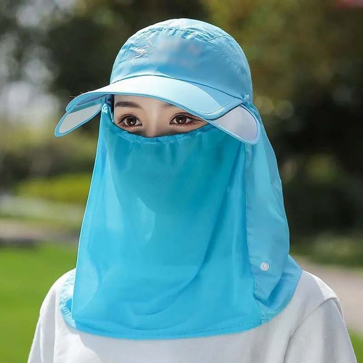 Outdoor fishing hat with UPF 50+ sun protection, wide brim, & neck flap for full face and neck coverage.