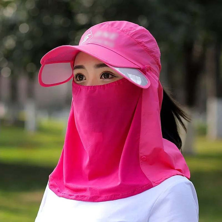 UPF 50+ beach hat: unisex design, wide brim, detachable neck flap, ideal for sun protection.