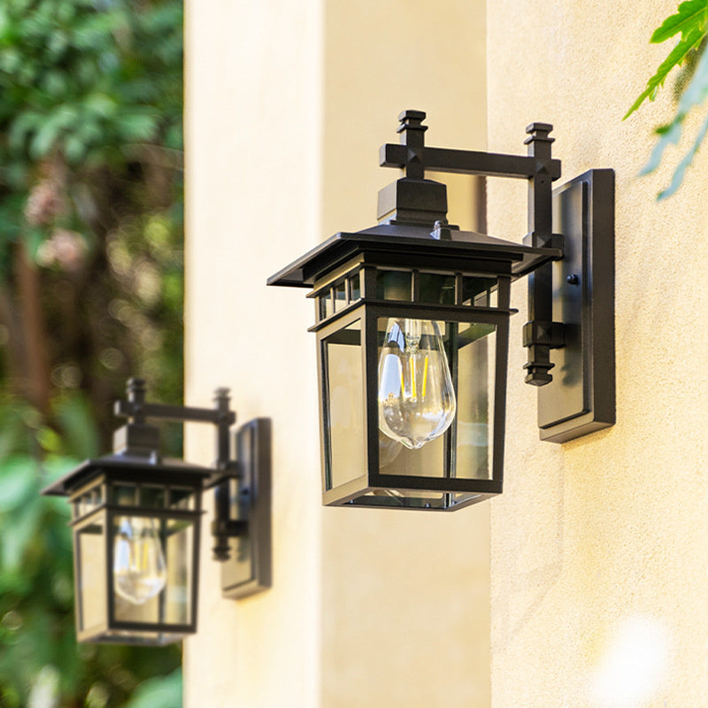 Black waterproof outdoor wall lantern, aluminum & glass, for garden, porch, patio exterior lighting.