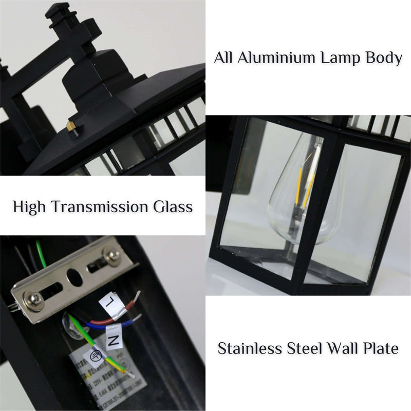Black waterproof garden wall lantern, aluminum & glass, provides bright exterior porch lighting.