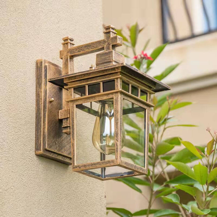 Rustic copper outdoor wall lantern, waterproof aluminum & glass, for porch, patio, garden light.