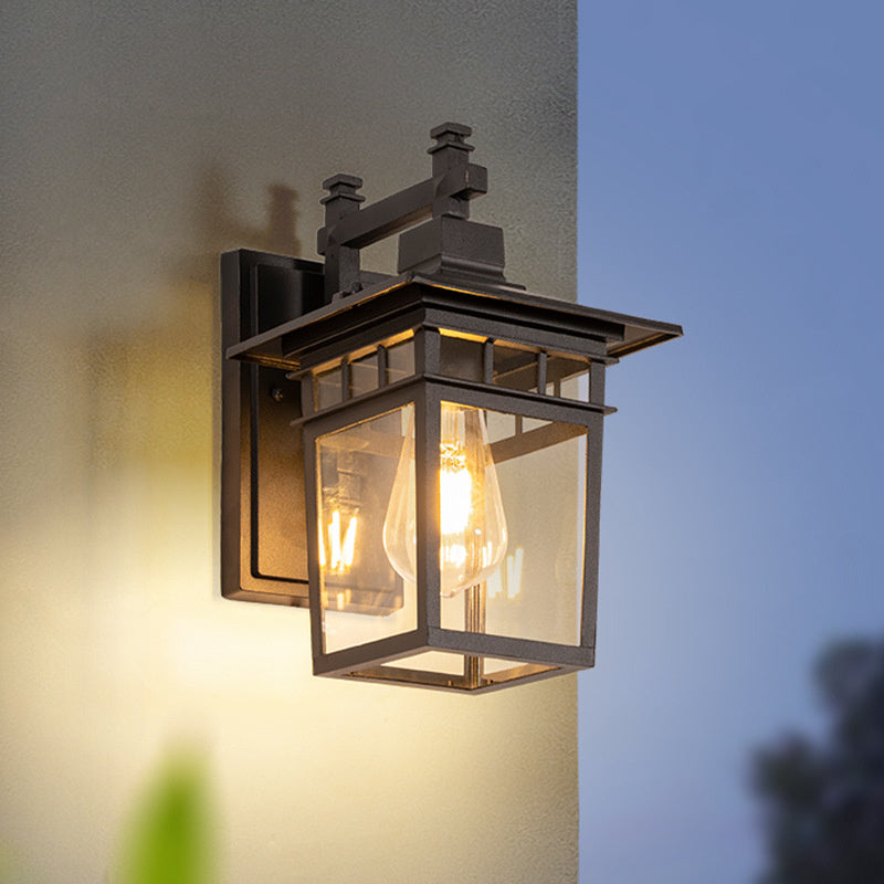 Elegant black waterproof outdoor lantern wall light, aluminum & glass, perfect for exterior decor.