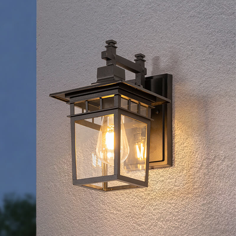 Waterproof outdoor wall lantern, black aluminum & glass, for modern garden, porch, patio lighting.