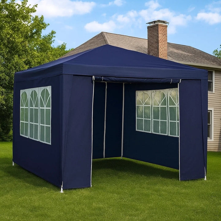 White all-weather outdoor pavilion tent with sidewalls, great for parties, events, backyard & garden use.