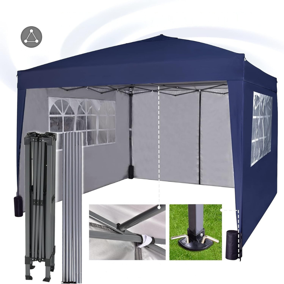 Gray waterproof outdoor canopy with sidewalls, an excellent portable event shelter for all weather conditions.