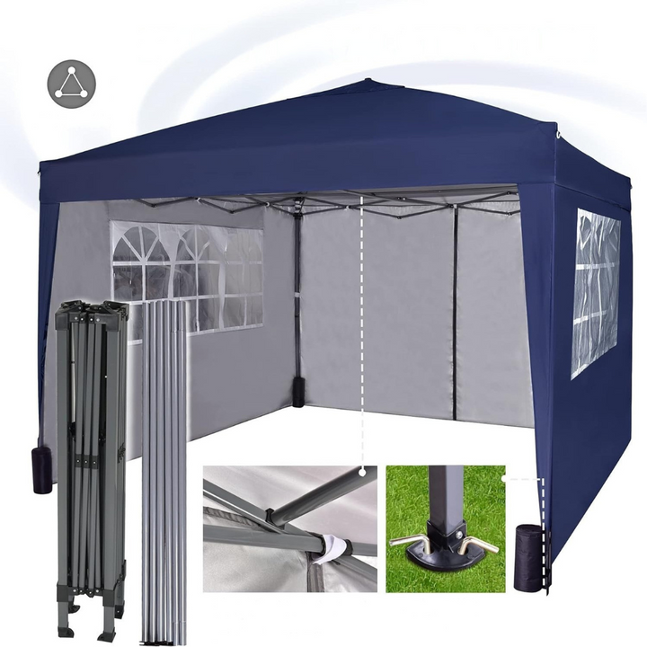 Gray waterproof outdoor canopy with sidewalls, an excellent portable event shelter for all weather conditions.