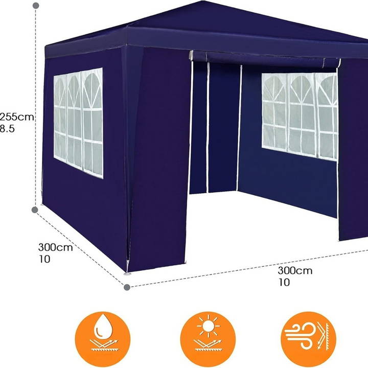 Portable waterproof outdoor tent with sidewalls, quick to set up for any outdoor event, party or gathering.