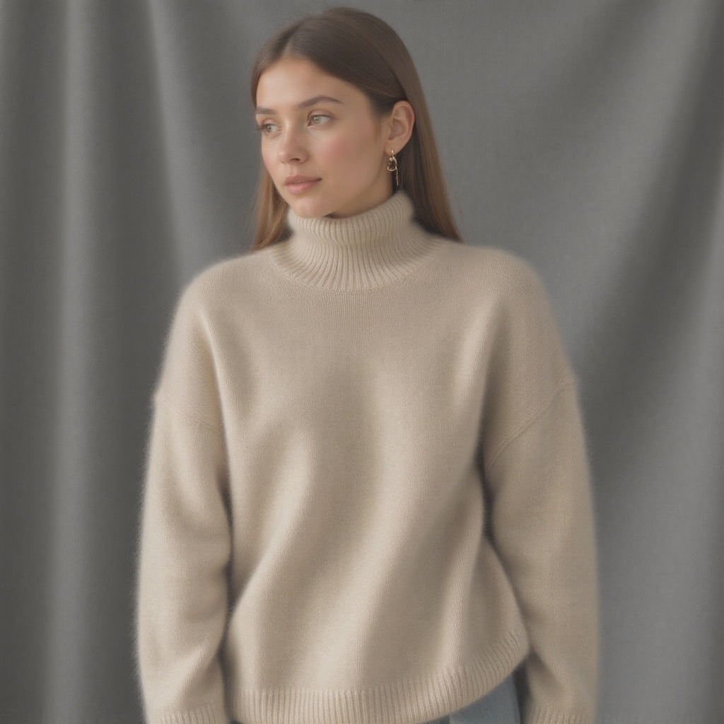 Chic women's oversized turtleneck sweater, long sleeve, comfortable top for fall and winter.