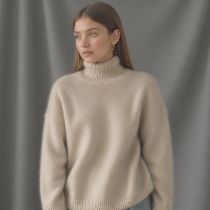 Chic women's oversized turtleneck sweater, long sleeve, comfortable top for fall and winter.