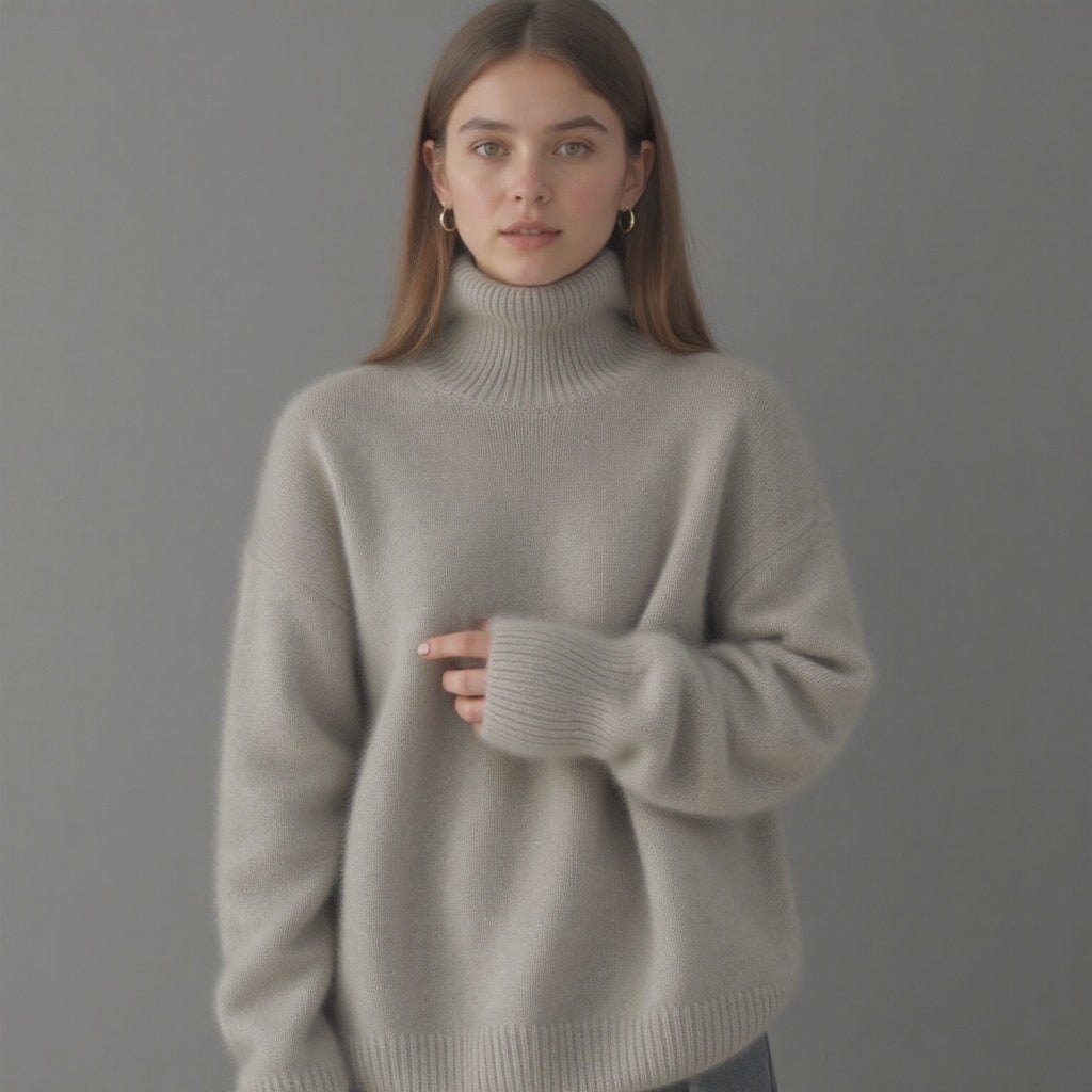 Stylish women's oversized turtleneck sweater, oversized fit, turtleneck collar, ideal fall apparel.