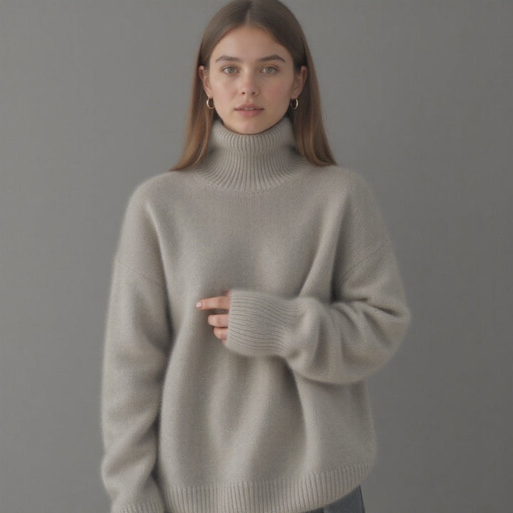Comfortable women's oversized turtleneck sweater, relaxed fit, long sleeve, essential winter fashion.