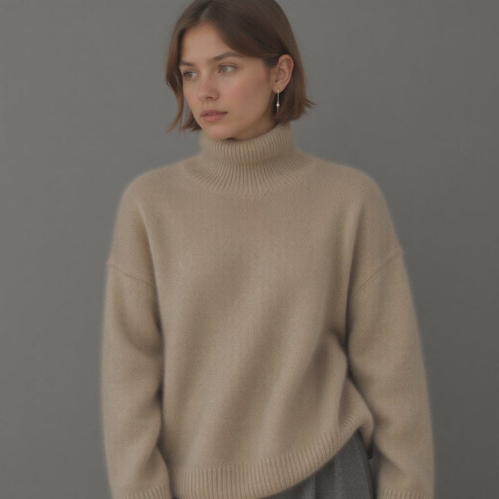 Stylish women's oversized turtleneck sweater, cozy knit, relaxed fit, ideal for winter fashion.