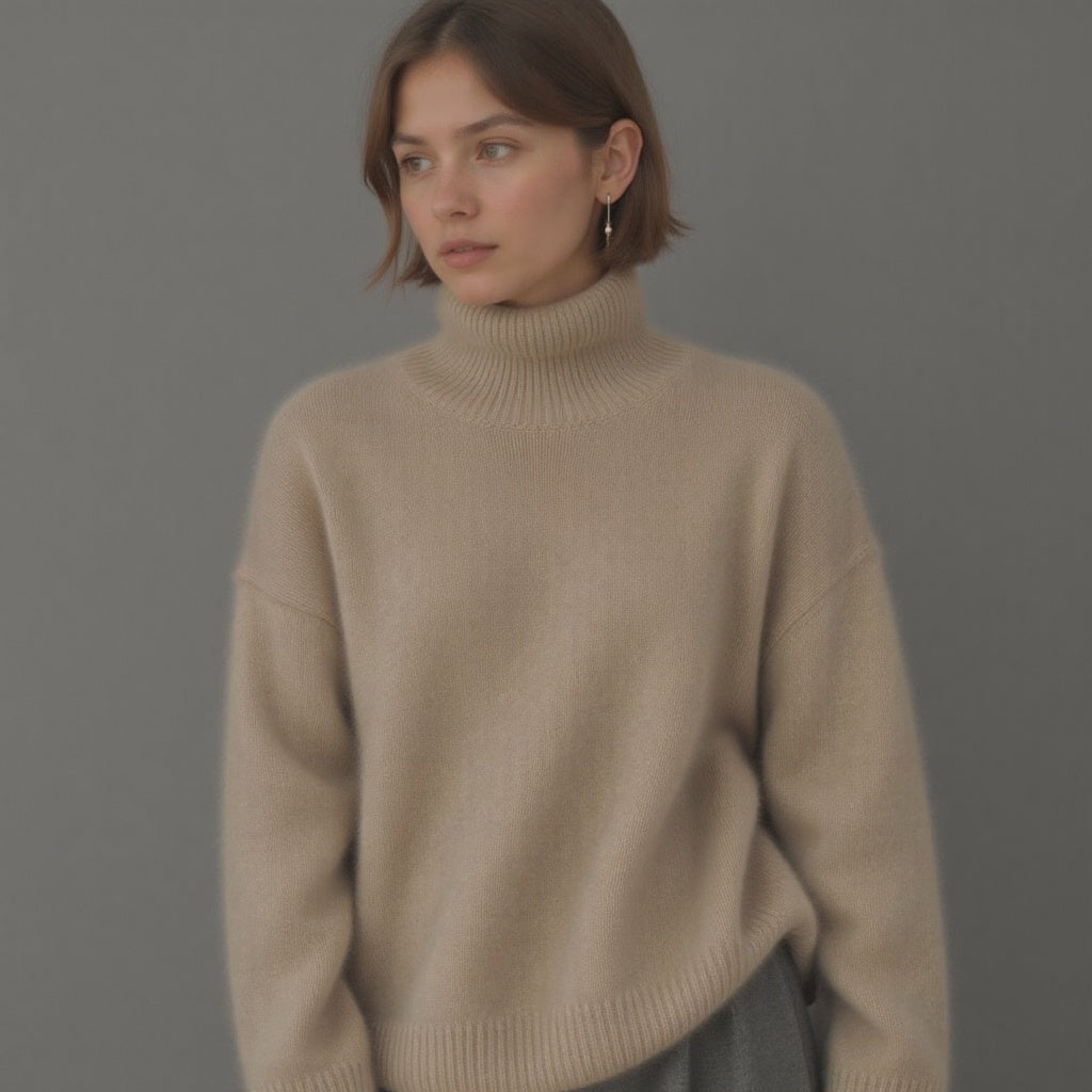 Relaxed women's oversized turtleneck sweater, comfortable long sleeve, cozy knit for cold weather.