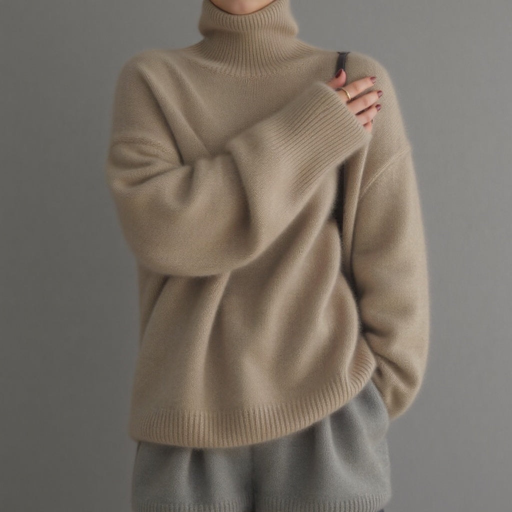 Women's oversized turtleneck sweater, cozy knit, chic winter fashion, comfortable relaxed fit.