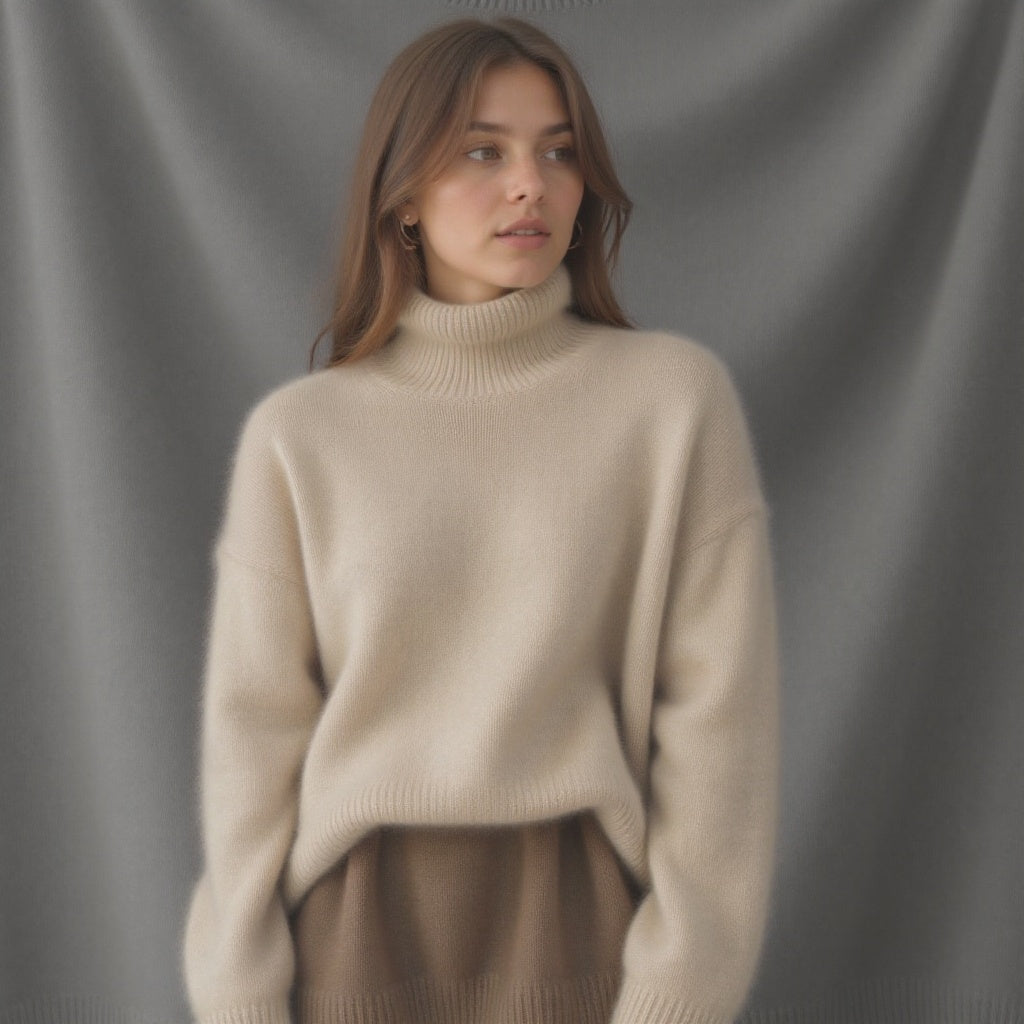 Comfortable women's oversized turtleneck sweater, long sleeve, perfect for chic fall style.