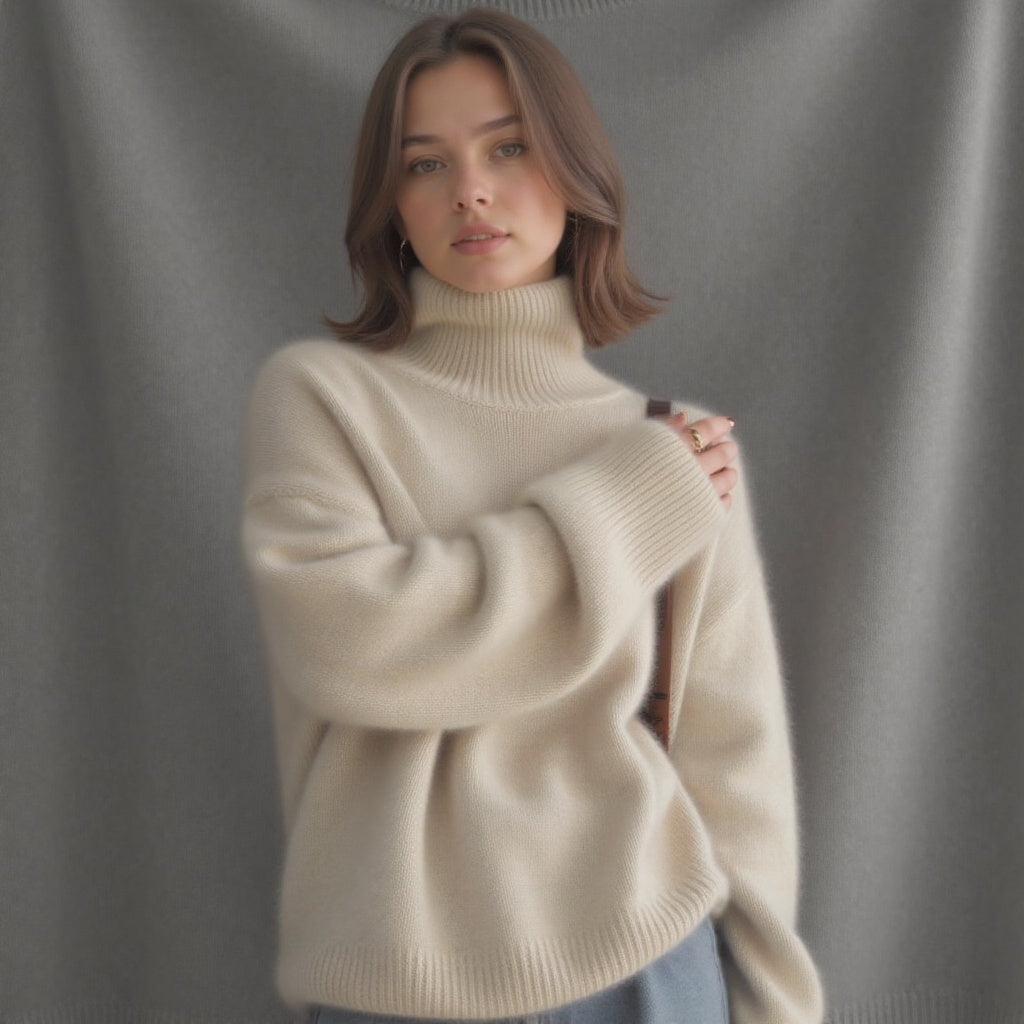 Women's oversized turtleneck sweater, cozy knit, long sleeve, perfect for fall fashion and warmth.