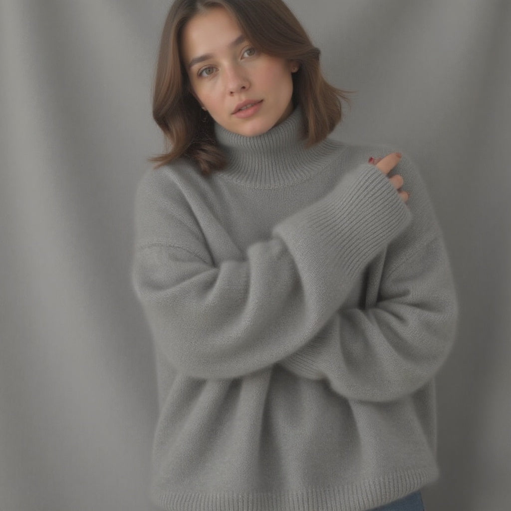 Soft cozy knit women's oversized turtleneck sweater, long sleeve, chic apparel for fall/winter.