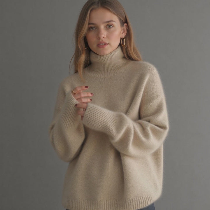 Warm women's oversized turtleneck sweater, cozy knit, long sleeve, perfect for winter comfort.