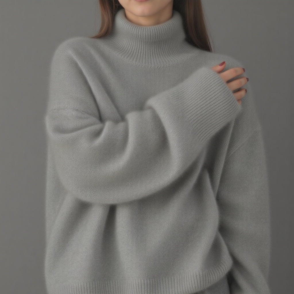 Modern women's oversized turtleneck sweater, chic apparel, comfortable and warm for winter.