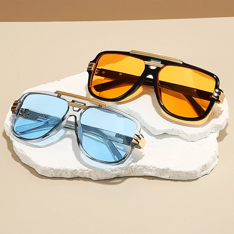 Unisex fashion oversized square sunglasses with a double bridge, retro eyewear statement accessory.