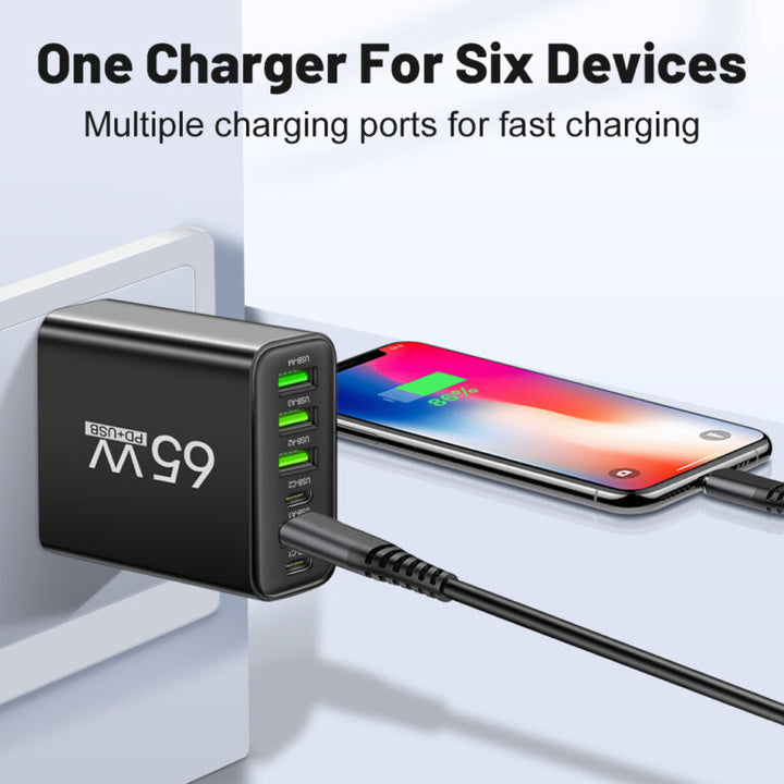 Powerful 65W universal charger with 6 ports for fast charging multiple devices simultaneously.