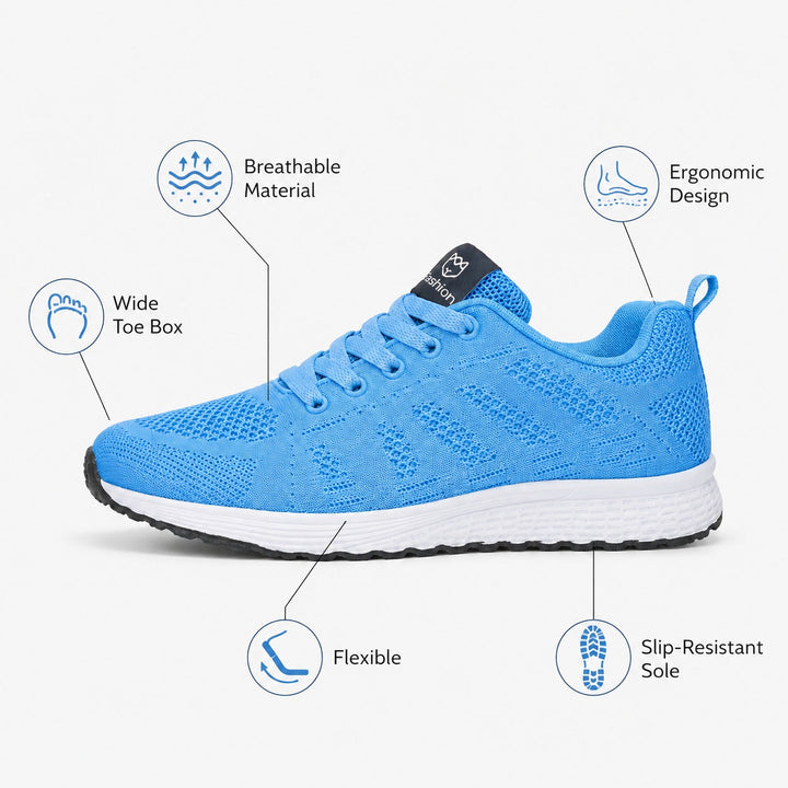 Woman walking in ultra-light comfort shoes, showcasing flexibility, support, and ease of movement.