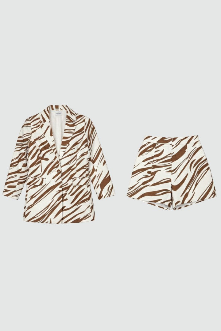 Women's trendy animal print blazer & shorts co-ord set. Chic two-piece matching fashion ensemble.