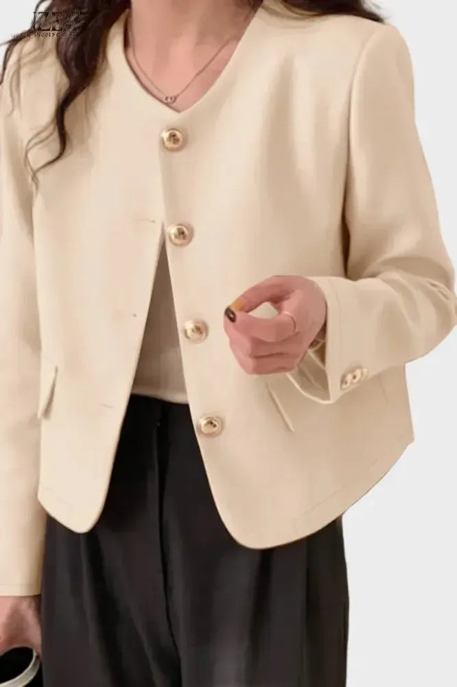 Paloma | Women's Round Neck Cropped Blazer - Beige - Image 1