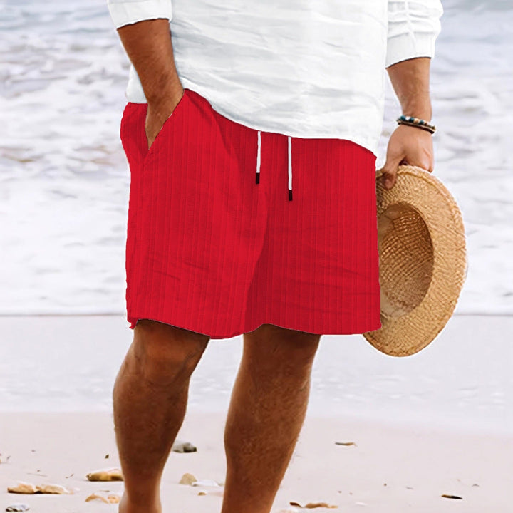 Fashionable men's ribbed linen shorts. Drawstring waist provides ultimate comfort for summer casual wear.